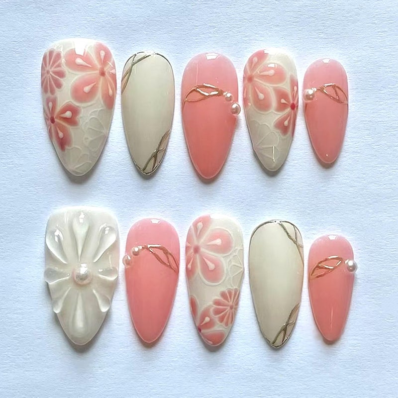 CJDLTS Flower Medium Almond Shaped 3D Pink Floral with Pearl Glossy Design Stick on Nails Glue on Full Cover Reusable Coffin Press on Nails Artificial Acrylic Fingernails for Women Manicure 30Pcs - Image 1